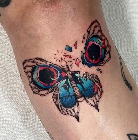 Jinx’s Tattoo, Jinx Butterfly Tattoo, Jinx Inspired Tattoos, Jinx Tattoos Arcane, Arcane Inspired Tattoo, Arcane Jinx Tattoo Design, Jinx Butterfly Arcane, Arcane Jinx Tattoo Ideas, Vi Arcane Tattoo