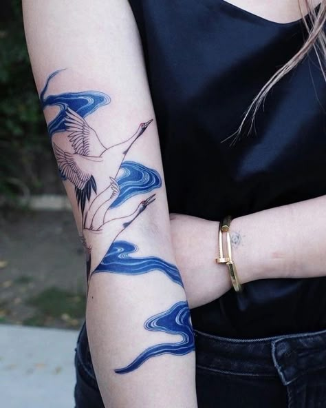 River Tattoo Ideas, Heron Tattoo, Blue Ink Tattoos, River Tattoo, Crane Tattoo, Woodcut Tattoo, Type Tattoo, Blue Tattoo, Arm Band Tattoo