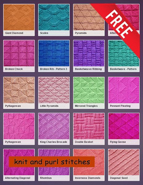 List of stitch patterns using only knit purl - Knit - Purl stitches Knit Purl Stitches, Knitting Squares, Knit Dishcloth, Knitting Instructions, Purl Stitch, Knitting Tips, Knit Stitches, How To Purl Knit, Beginners Knitting