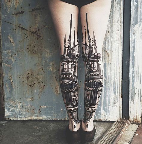 10+ Architecture Tattoos That'll Make You Want To Get Inked Back Of Leg Tattoos, Kunst Tattoos, Skeleton Hand Tattoo, Architecture Tattoo, Calf Tattoo, Dark Tattoo, Hand Tattoo, Tattoo Trends, Skin Art