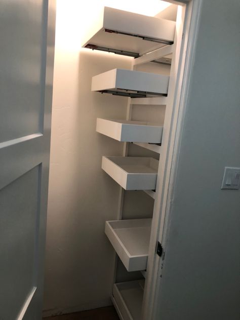 Pull out shelving (6 at 18” wide and 15” deep) maximize access in this small closet. Narrow Deep Closet, Deep Narrow Closet Ideas, Pull Out Closet, Linen Closet Shelves, Narrow Closet, Deep Closet, Entry Closet, Closet Planning, Creative Closets