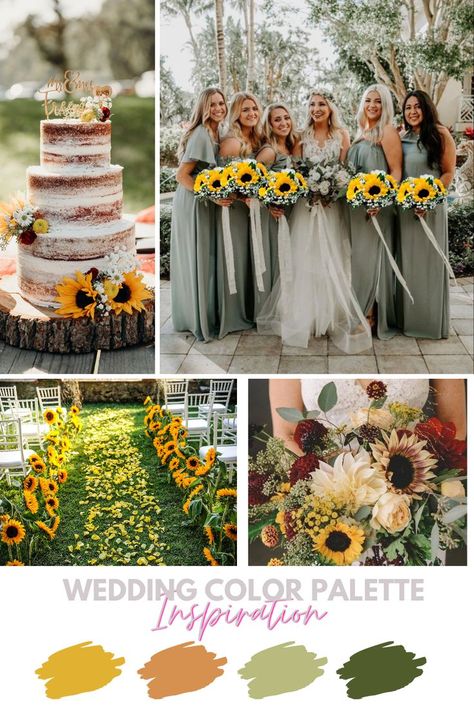 Sunflower Color Palette Wedding Ideas, Sunflower Wedding Colors Fall, Sunflower Wedding Colour Palettes, Sunflower Wedding Bridal Party, Wedding Colours With Sunflowers, Sunflower Color Scheme Wedding, Rustic Yellow Wedding Theme, Sunflower Autumn Wedding, Sun Flower Theme Wedding