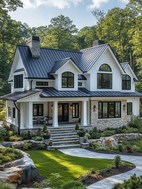 Goal Visualization, Beautiful Houses Exterior, White Farmhouse Exterior, Modern Farmhouse Ideas, Farmhouse Exterior Design, Farmhouse Architecture, Dream Life House, Modern Farmhouse Exterior, Casa Exterior