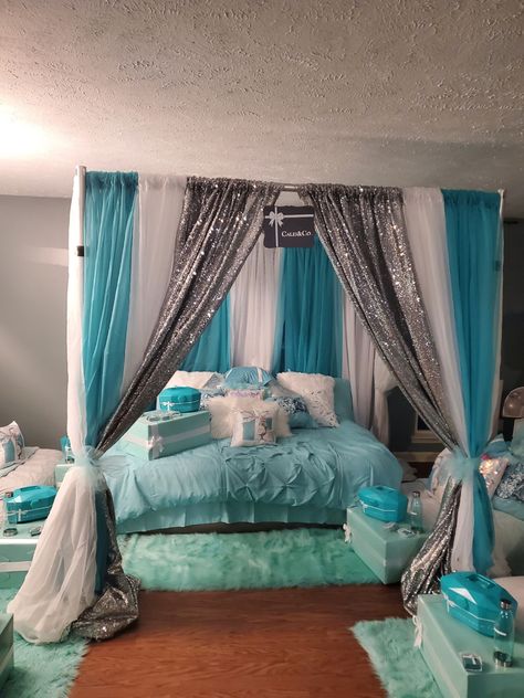 Birthday Sleepover Ideas, Bday Decor, Birthday Sleepover, Sleepover Birthday Parties, Sleepover Ideas, 13th Birthday, Blue Bedding, Teen Bedroom, Makeup Vanity