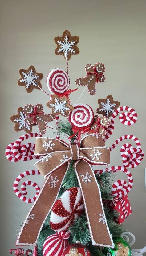 Tree Topper With Picks, Gingerbread Tree Topper, Cookie Tree, Bow Tree Topper, Gingerbread Tree, Bow Tree, Gingerbread Christmas Tree, Christmas Tree Topper Bow, Gingerbread Crafts