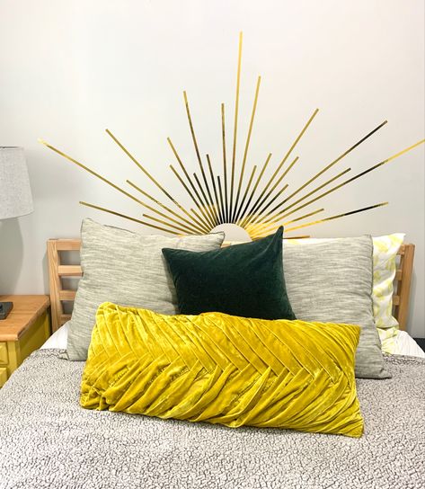 Gold Tape Wall Design Living Room, Gold Tape Wall Design Bedroom, Washi Tape Mirror Frame, Rising Sun Aesthetic, Gold Tape Wall Design, Washi Tape Ideas Wall, Tape Wall Design, Sun Headboard, Washi Tape Headboard