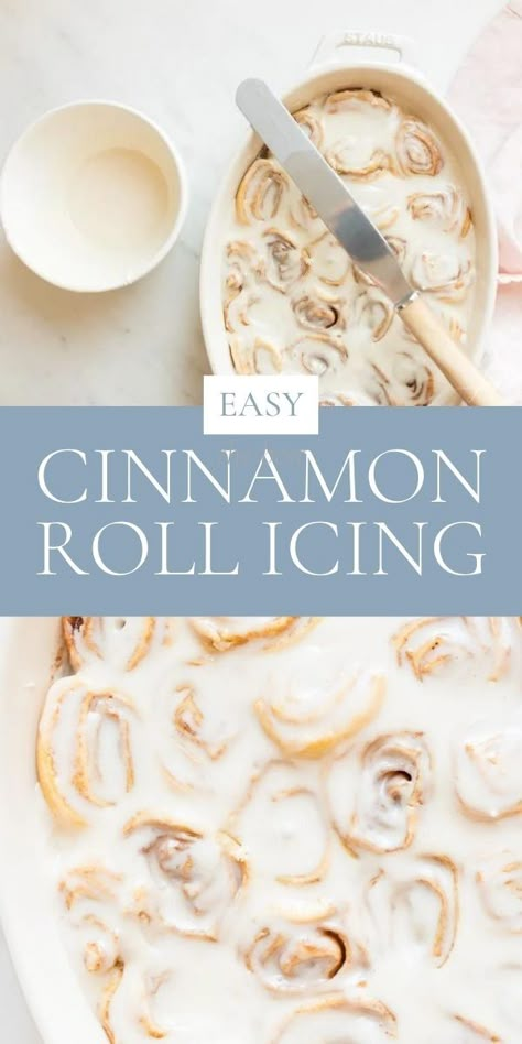 This creamy Cinnamon Roll Icing is made with 4 staple ingredients in 3 minutes. It turns homemade or store bought cinnamon rolls into the ultimate breakfast treat! This Cinnamon Roll Glaze seeps into the rolls making each bite absolutely amazing! One you learn how to make Cinnamon Roll Icing, you’ll never buy again!  #cinnamonrollicing  #julieblannercinnamonrollicing #besticingrecipe Homemade Cinnamon Roll Filling, How To Make Homemade Cinnamon Roll Icing, Cinnamon Rolls Recipe Uk, How To Make Glaze For Cinnamon Rolls, Easy Cinnamon Roll Glaze, Easy Icing Recipe For Cinnamon Rolls, How To Make Cinnabon Icing, Homemade Cinnamon Roll Icing Easy, Diy Icing For Cinnamon Rolls