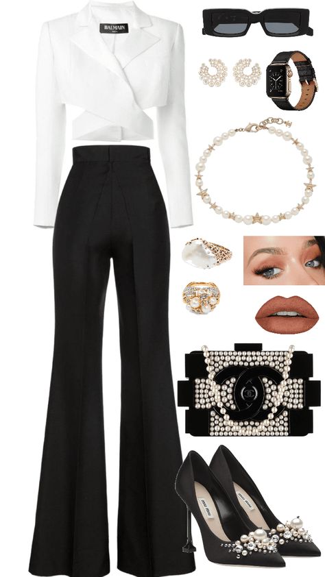 Formal Attire Women Outfit Ideas, White Pants Formal Outfit Women, Formal Black And White Outfits For Women, Black And White Formal Outfit For Ladies, Semi Formal Black And White Outfits, Black And White Business Attire, White Attire Party Women, Black And White Cocktail Party Attire, Black And White Outfit Ideas Formal