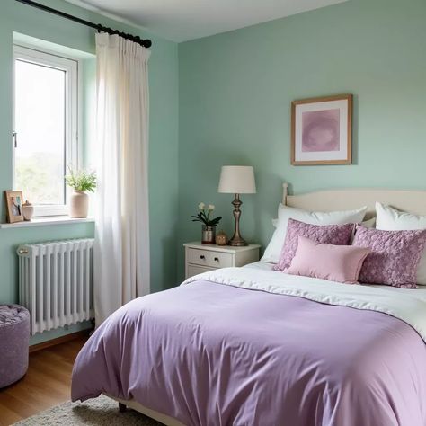 Mint Bedroom Ideas, Bedroom Ideas Lavender, Pastel Purple Bedroom, Mint Color Palette, Pastel Bedroom Ideas, Mint And Purple, Mint Bedroom, Lavender Bedroom, Mint Green Walls