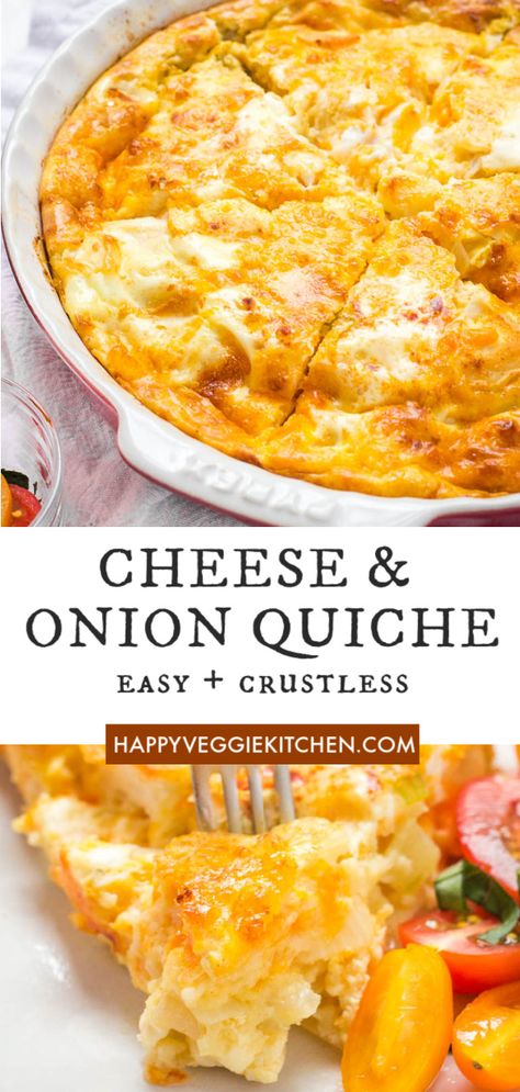 A simple but luxurious crustless cheese & onion quiche recipe with a mix of three delicious cheeses for maximum flavour. This makes the perfect vegetarian picnic or party option! The recipe has no traditional pastry crust, but we use a clever technique to help it form it's own crust. Quiche Crustless Recipes, Quiche With Mozzarella Cheese, Egg And Cheese Quiche Crustless, Cheese Onion Quiche, Mexican Quiche Crustless, Flourless Quiche Recipes, Simple Crustless Quiche, Easy Cheese Quiche, Cheese And Onion Quiche Recipes