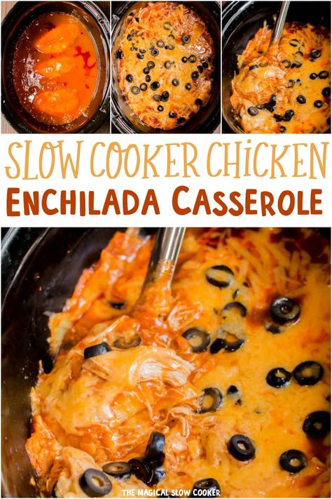 This recipe for Slow Cooker Chicken Enchilada Casserole is a one pot meal! You will never want to make standard enchiladas again. - The Magical Slow Cooker Ready To Eat Crock Pot Meals, Easy Crockpot Meals For Fall, Chicken Crockpot Recipes 8 Hours, Large Crock Pot Meals, Crockpot Tortilla Casserole, Simply Crockpot Meals, Easy Crockpot Chicken Enchiladas, Crockpot Cheese Enchiladas, Crockpot Meals 8 Hours