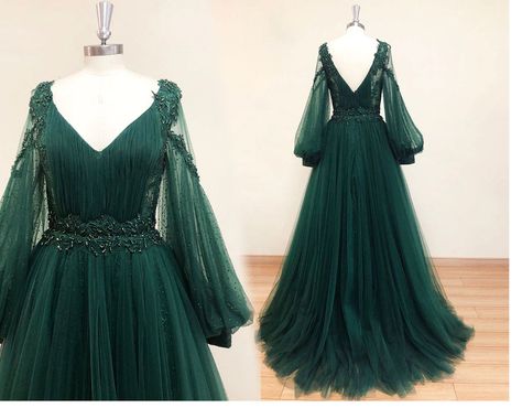 Prom Dress Green, Muslim Evening Dresses, Green Tulle, Wedding Dress With Pockets, Tulle Evening Dress, Lace Prom Dress, Long Sleeve Evening Dresses, Custom Size Dresses, Green Prom Dress