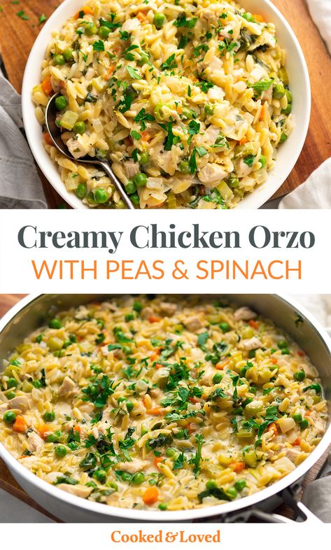 This creamy chicken orzo recipe with peas and spinach is what I make when I can't decide between chicken soup and risotto. With a few freezer staples, leftover cooked chicken, a cup or two of orzo pasta (aka risoni), plus a touch of cream and umami-boosting Parmesan, you have the most comforting yet nutritious meal in 30 minutes. Creamy Chicken Orzo With Spinach, One Pot Chicken And Orzo With Spinach, Creamy Spinach Orzo Recipes, Chicken Orzo Recipes Dairy Free, Chicken Spinach Orzo, Orzo With Peas, Leftover Chicken Recipes Healthy, Recipe With Peas, Creamy Chicken Orzo