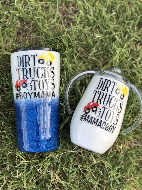 This adorable #boymama and #mamasboy matching tumbler and sippy set are a must have. We can change the colors as well as the saying. Message us on our page to get pricing as well as check on current turn around times. Dirt, Trucks and Toys. Mommy And Me Cups, Coffee Cup Crafts, Matching Tumblers, Diy Vinyl Projects, Yeti Cup Designs, Mommy And Daughter, Custom Starbucks Cup, Vinyl Tumblers, Glitter Tumbler Cups