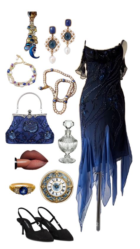 Sapphire and black outfit, classic outfit, elegant outfit, blue and black outfit, nocturnal princess Blue And Black Outfit, Witchy Outfits, Princess Outfit, Outfit Classic, Outfit Elegant, Prom Dance, Classic Outfit, Princess Outfits, Classic Outfits