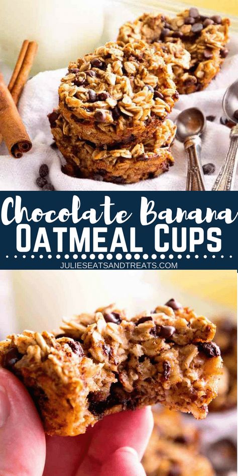 Chocolate Banana Baked Oatmeal Cups are an easy breakfast recipe! Loaded with healthy ingredients (tons of protein!) they will fill you up and keep you full, plus a little chocolate to fix your sweet tooth too! They make a healthy snack recipe too. Make them ahead for the week and reheat them for a grab and go breakfast on the run and they are freezer friendly! #oatmeal #breakfast #easy #recipe #quick #chocolate #chocolatechips #protein #healthy #healthyrecipe #healthybreakfast Chocolate Covered Banana Bites, Healthy Snack Recipe, Banana Baked Oatmeal, Baked Oatmeal Cups, Easy Breakfast Recipe, Breakfast Easy, Healthy Protein Snacks, Cake Mug, Oatmeal Cups