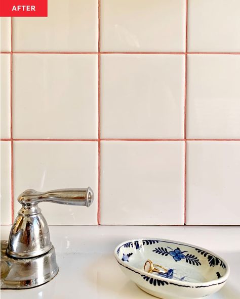 Pink Tile Grout, Pink Grout Bathroom, Coloured Grout Bathroom, Pink Grout, Painted Tile Backsplash, Pink Backsplash, Painting Tile Backsplash, How To Paint Behind A Toilet, Hay Stacks