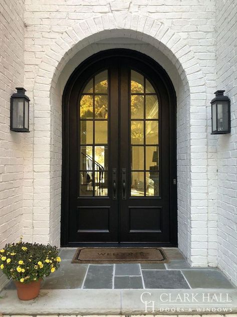 Single Story Entryway, Double Front Door Ideas, Arched Front Door, Victorian Doors, Double Front Entry Doors, Double Door Entryway, Arch Door, Iron Front Door, Custom Front Doors