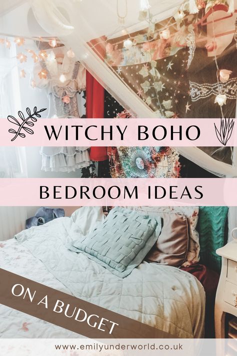 How to get the witchy aesthetic on a budget, with a boho bedroom! Easy tips for redecorating your student bedroom this year. Bright Witchy Bedroom, Pagan Bedroom Decor, Bohemian Rooms Ideas, Witch Boho Bedroom, White Witchy Bedroom, Mystical Home Aesthetic, Small Witchy Bedroom Ideas, Magical Bedroom Aesthetic, Red Witchy Aesthetic