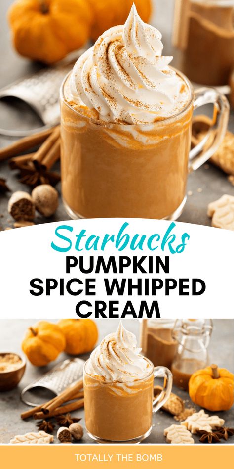 Starbucks Pumpkin Spice Whipped Cream Recipe #starbucks #starbuckswhippedcream #recipe Pumpkin Spiced Whipped Cream, Pumpkin Spice Whipped Cream, Starbucks Whipped Cream Recipe, Whipped Cream For Coffee, Pumpkin Spice Whipped Cream Recipe, Whipping Cream Recipe, Coffee Toppings, Starbucks Whipped Cream, Pumpkin Whipped Cream