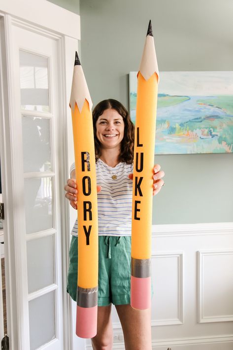 DIY Oversized Pool Noodle Pencil Pencil Decoration, Giant Pencil, Pool Noodle, Pool Noodles, First Day Of School, The School, Classroom Decor, School Year, First Day