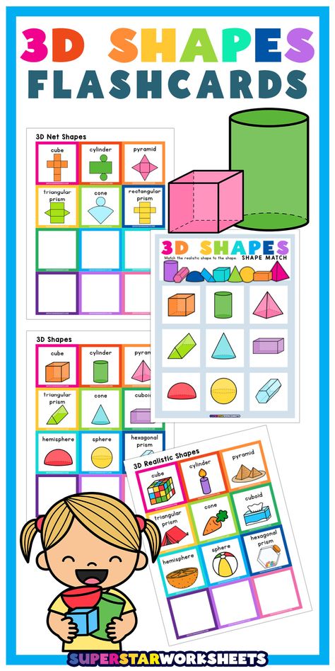 FREE 3D Shapes Flashcards for kids! We are now offering a set of printable 3D realistic shape flashcards for children. 3D shapes flashcard printables make learning geometric shapes fun! #superstarworksheets #3dshapes #geography #flashcards #crafts #free #math #shapes Geography Flashcards, 3d Shapes Nets, 3d Shapes Activities, Math Shapes, Shapes Flashcards, Shape Chart, 2d And 3d Shapes, Printable Shapes, Homeschool Board