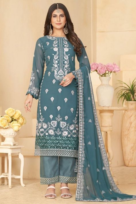 Teal Grey Embroidered Faux Georgette Trouser Kameez Georgette Salwar Suit, Arab Dress, South Indian Blouse Designs, Kurti Embroidery, Georgette Dupatta, Embroidery On Kurtis, Fancy Kurti, Kurti Embroidery Design, Simple Sarees