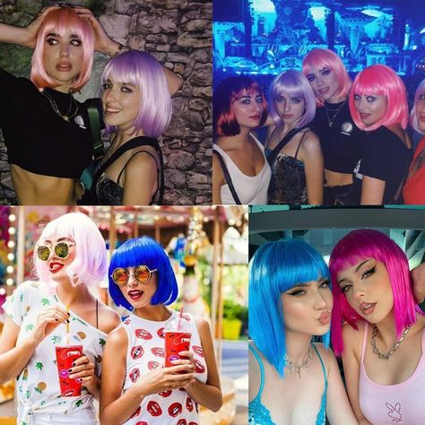 Colorful Wig Costume Ideas, Wig Theme Party Ideas, Wig Party Theme Birthday, Cosplay Blue Hair, Colored Wig Party, Bridesmaid Things, Short Purple Hair, Purple Bob, Short Bob Hair