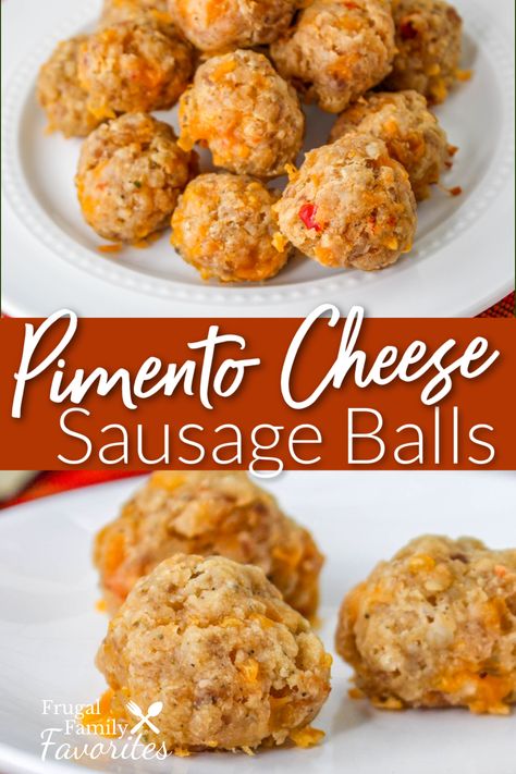 Pimento Cheese Sausage Balls - Frugal Family Favorites Sausage Balls With Pimento Cheese, Fried Pimento Cheese Balls, Pimento Cheese Sausage Balls, Cheese Sausage Balls, Passed Appetizers, Pimento Cheese Recipes, Super Snacks, Recipes For The Family, Sausage Balls