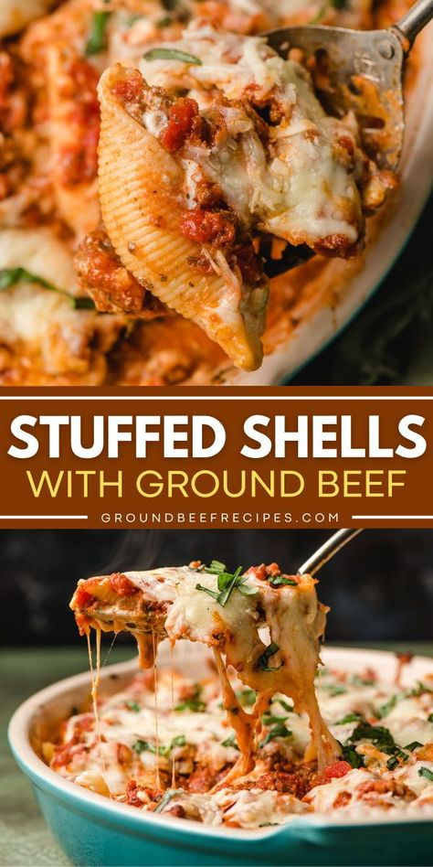 There's so much to love about these jumbo stuffed shells with ground beef! Complete with cottage cheese, these stuffed shells with meat are an extra delicious comfort food casserole. Plus, this pasta shell recipe is an easy comfort food dinner! Shells Stuffed With Meat, Casserole Supper Ideas, Stuffed Meat Shells, Meatball Stuffed Jumbo Shells, Ricotta Beef Stuffed Shells Gratin, Stuffed Shells With Ground Beef No Ricotta, Ground Beef Stuffed Shells Recipe, Stuffed Big Shell Pasta, Easy Jumbo Shells Recipe