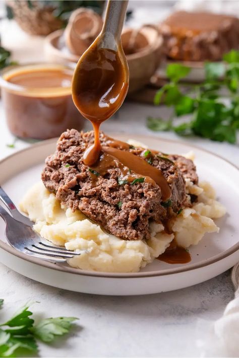 Meatloaf with Brown Gravy Meatloaf Gravy From Drippings, Martha Stewart Meatloaf, Meatloaf With Brown Gravy, Meatloaf Gravy, Brown Gravy Meatloaf, Frozen Meatloaf, Southern Meatloaf, Meatloaf With Gravy, Homemade Brown Gravy