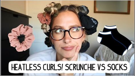 This is a guide to doing heatless curls with socks vs scrunchies. Learn how to do overnight curls using two different methods, then see which one works best in this fun step-by-step tutorial. Overnight Natural Hairstyles, Heatless Curls Overnight Short Hair Socks, Sock Curls Medium Hair, Heartless Curls Overnight Socks, Diy Heatless Curls For Short Hair, Overnight Curls With Wet Hair Short, Easy Heatless Curls Short Hair, Heatless Curls For Medium Hair, Easy Overnight Curls For Short Hair