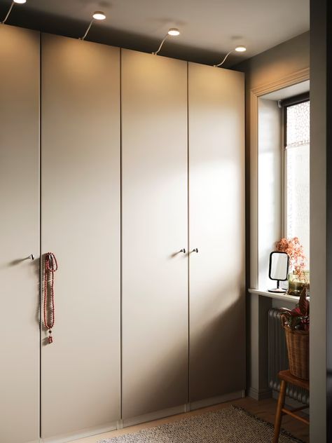 Pax System, Wardrobe Systems, Tranquil Bedroom, Wardrobe Lighting, Pax Wardrobe, Bed Storage Drawers, Ikea Home, Ikea Pax, Cabinet Lighting