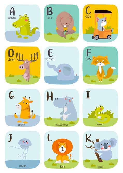 Cute animal alphabet illustration. alpha... | Premium Vector #Freepik #vector #kids #children #nature #cartoon Toddler Alphabet Printables, Publications Design, Illustration Alphabet, Alphabet Flash Cards Printable, Nature Cartoon, Printable Flashcards, Abc Flashcards, Flashcards For Kids, Alphabet Activities Preschool