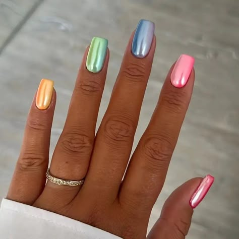 Super Shiny Pastels In Medium Square Fingernails. Complete Kit Including Fingernails, File, Glue And Instructions. Square Fingernails, Neon Chrome Nails, Summer Glitter Nails, Bright Gel Nails, Polish Decor, Ivy Nails, Florida Nails, Multicolored Nails, Shellac Manicure