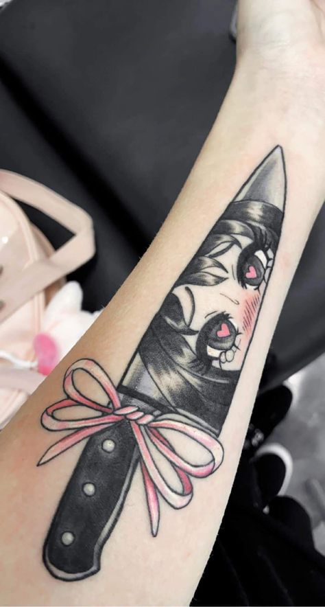 Yandere Tattoo Ideas, Anime Knife Tattoo, Yami Kawaii Tattoo, Yandere Tattoo, Yandere Knife, Egirl Tattoos, Knife Tattoos, Aries Tattoos, Emo Tattoos