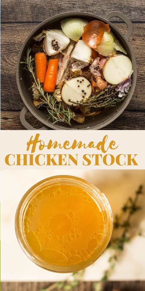 Make homemade chicken stock with bones and vegetable scraps! via @bessiebakes Home Made Chicken Broth, Chicken Bone Broth Recipe, Make Chicken Broth, Chicken Broth Recipes, Chicken Stock Recipe, Stock Recipes, Vegetable Scraps, Homemade Chicken Stock, Bone Broth Recipe