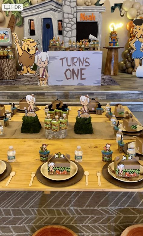 Flintstones Birthday Party Ideas | Photo 3 of 27 | Catch My Party Flintstones Dessert Table, Flintstones Birthday Invitation, Flintstone First Birthday, Flintstones First Birthday Party, Flinestones Bday Party, The Flintstones Party Ideas, Flintstones Party Ideas, Flinstones Birthday Party, Flintstone Theme