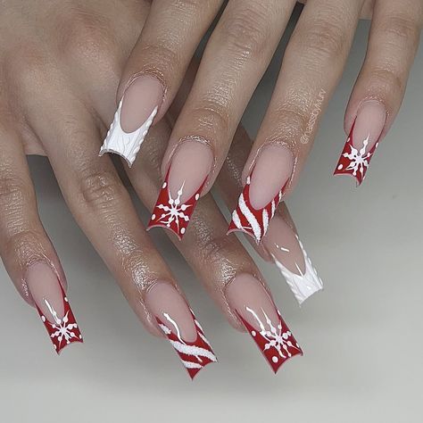 ig: nailssbylvurv Christmas Birthday Nails Acrylic, French Nail Christmas Designs, Christmas Nail Designs Coffin Shape, Red And White Christmas Nail Designs, Long Almond Christmas Nails, Christmas Gel X Nails, Acrylic Nails Ideas Winter, Matching Christmas Nails, Christmas Nails Black Women