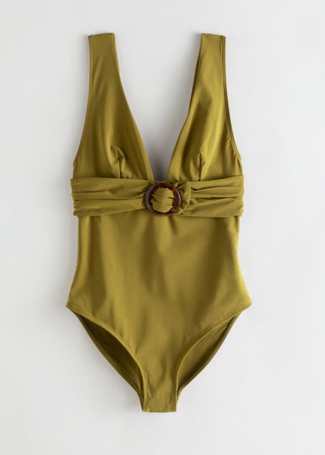 O-Ring Belted Swimsuit - Green - Swimsuits - & Other Stories Belted Swimsuit, Belt Kimono, Swim Season, Satin Trousers, Swimwear Trends, Green Swimsuit, Fashion Swimwear, Leather Sandals Flat, Fresh Summer