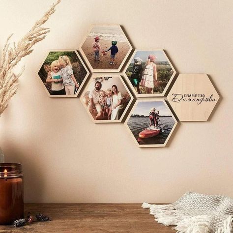 Hexagon Wall Art, Hexagon Art, Hexagon Photo, Hexagon Wall, Wall Art Display, Family Photo Wall, Wedding Day Photos, Photo Wall Decor, Wood Shapes