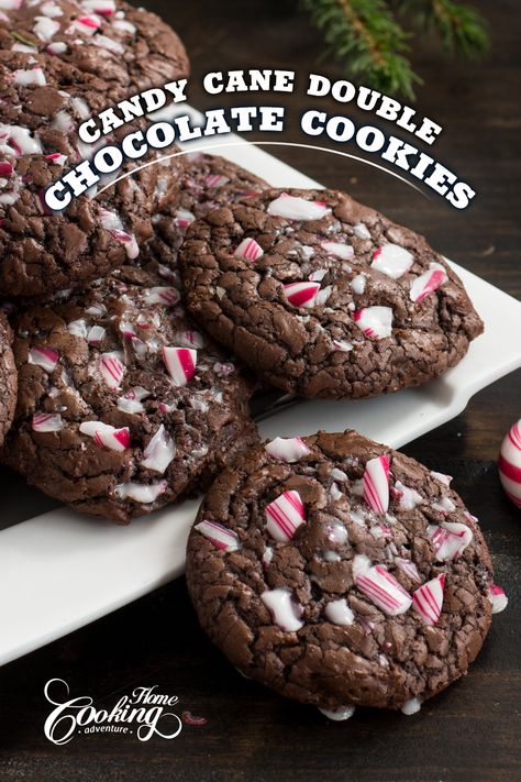 Candy Cane Double Chocolate Cookies are some of the best cookies you can prepare for winter holiday season. Adding crunchy crushed candy canes on top not only bring extra flavor and texture but they also add a festive look and beautiful touch of holiday colors. Double Chocolate Candy Cane Cookies, Chocolate Candy Cane Crunch Cookies, Candy Cane Brownie Cookies, Chocolate Cookies With Candy Cane Pieces, Dark Chocolate Candy Cane Cookies, Candy Cane Chocolate Cookies, Cookies With Candy Cane Pieces, Christmas Cookies With Candy Canes, Chocolate Chip Candy Cane Cookies