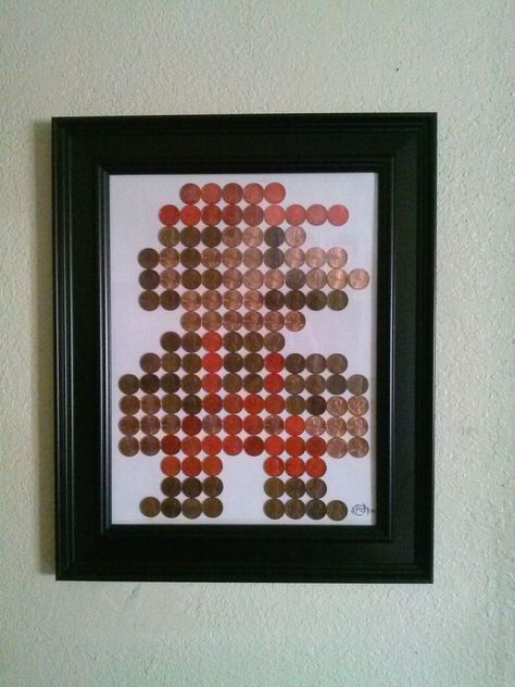 This is how I made use of all the pennies that I had. I will try my best to explain how to do and where I got my materials. Be nice it's my first instructable. In total it cost $6:43 to make. $1:43 in pennies the remainder was for the frame. I had the glue and markers. Mario Room, Gaming Bedroom, Mario E Luigi, Gaming Room Decor, Video Game Rooms, Bedroom Setup, Gaming Room Setup, Gamer Room, Video Game Room