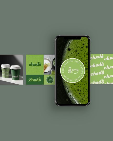 A green background, with a matcha branding identity showcased Matcha Menu Design, Matcha Poster Design, Matcha Packaging Design Creative, Matcha Brand Identity, Matcha Branding, Botanical Beauty, Worth It, Design Inspo, Matcha