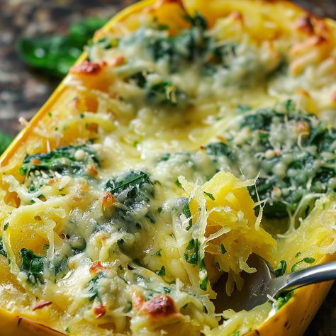 Garlic Parm Spaghetti Squash, Spinach Spaghetti Squash, Garlic Parmesan Spaghetti Squash, Best Spaghetti Squash Recipes, Spinach Spaghetti, Daikon Recipe, Parmesan Spaghetti Squash, Parmesan Spinach, Spaghetti Squash Recipes Healthy