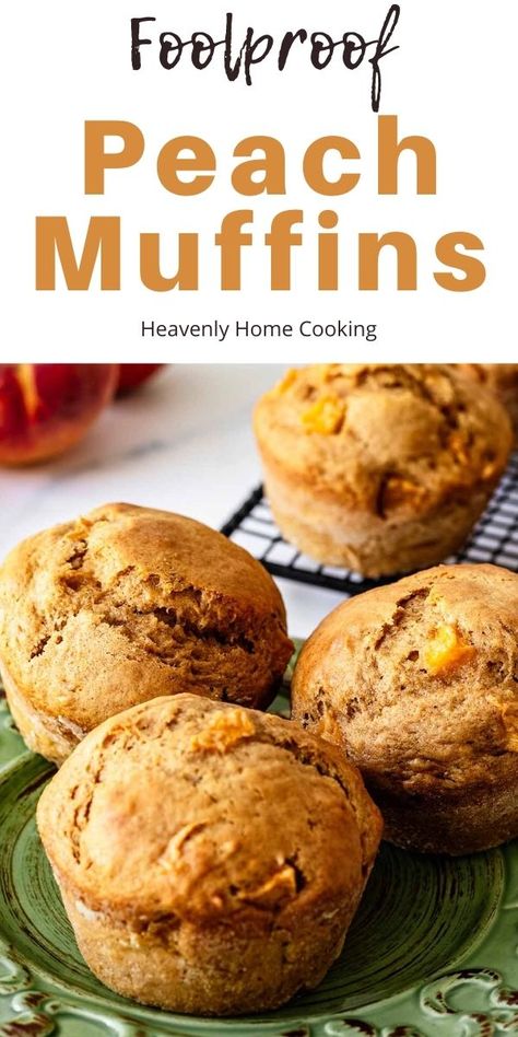 These delicious peach muffins are easy to make for breakfast or brunch. They taste like peach cobbler and take advantage of fresh peaches. If you don’t have fresh peaches. No problem. You can just as easily use frozen peaches. Get the easy recipe and step-by-step photos at Heavenly Home Cooking. Peach Muffin Recipes, Apricot Muffins, Peach Muffins, Almond Muffins, Peach Dessert Recipes, Jumbo Muffins, Simple Muffin Recipe, Strawberry Muffins, Salad Dressing Recipes Homemade