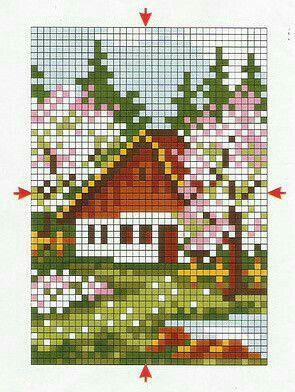 Cute Easy Cross Stitch Patterns, Mini Pixel Art, Cross Stitch Ideas, Cross Stitch House, Cross Stitch Landscape, Easy Pixel Art, Pixel Art Templates, Pixel Drawing, Pixel Crochet