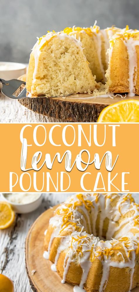 Citrus lovers rejoice - this tender Coconut Lemon Pound Cake is right up your alley! Made with fresh Meyer lemon juice and zest, coconut milk, and shredded coconut, this super moist, smaller-sized bundt cake is perfect for a Sunday brunch or after-dinner dessert. #crumbykitchen #springsweetsweek #sponsored #coconut #lemon #poundcake #cakerecipes Lemon Coconut Pound Cake Recipe, Lemon Coconut Bundt Cake, Lemon Coconut Loaf, Coconut Pound Cake Recipe Bundt Pans, Cake With Coconut Milk, Coconut Lemon Cake, Coconut Milk Cake, Sunday Cake, Lemon Coconut Cake