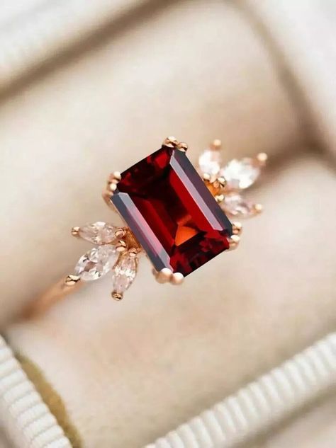 Fancy Engagement Ring 1.90 Ct Emerald Cut Simulated Garnet 14K Rose Gold Finish Single Stone Rings Gold, Garnet Engagement Rings, Ruby Engagement Ring Gold, Fancy Engagement Rings, Ruby Wedding Rings, Red Gemstone Ring, Garnet Engagement Ring, Single Stone Ring, Amethyst Ring Engagement