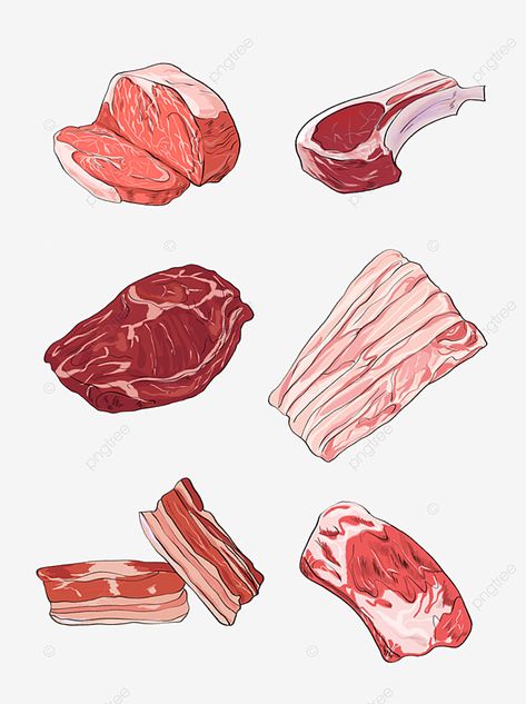 Meat Illustration Design, How To Draw Meat, Beef Drawing, Meat Illustrations, Meat Images, Meat Cartoon, Meat Illustration, Meat Drawing, Pig Meat